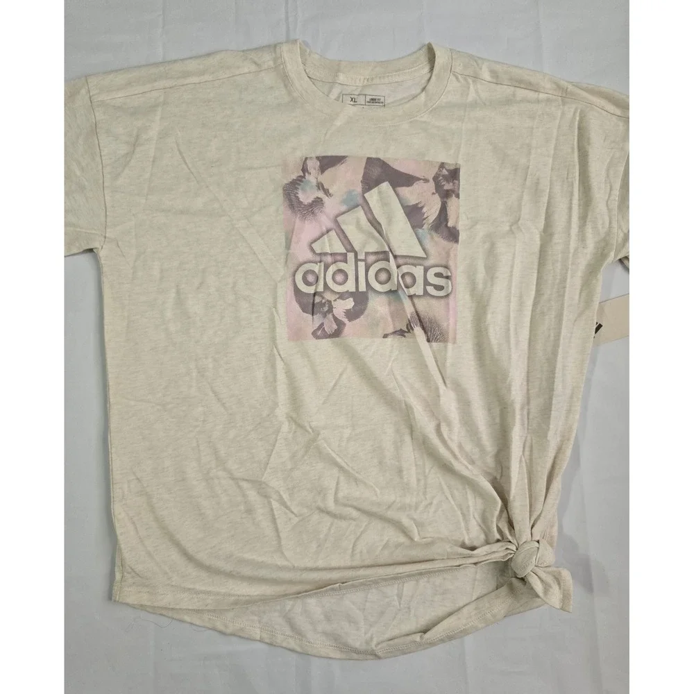 Adidas Girls XL Loose Fit Graphic T-Shirt Tan Heather Side Tie AA3189 NWT
